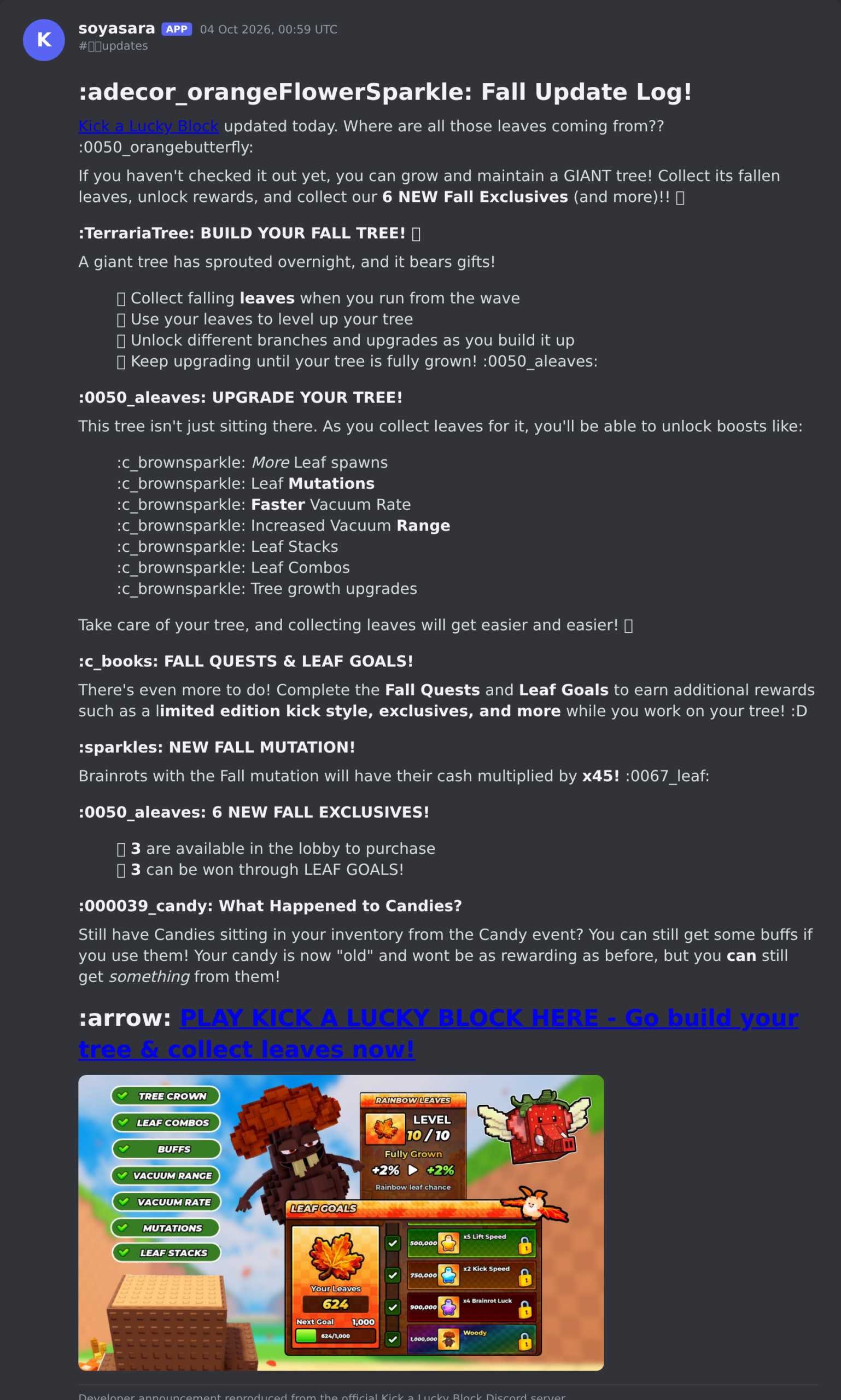 The Kick a Lucky Block update post in the game's Discord server