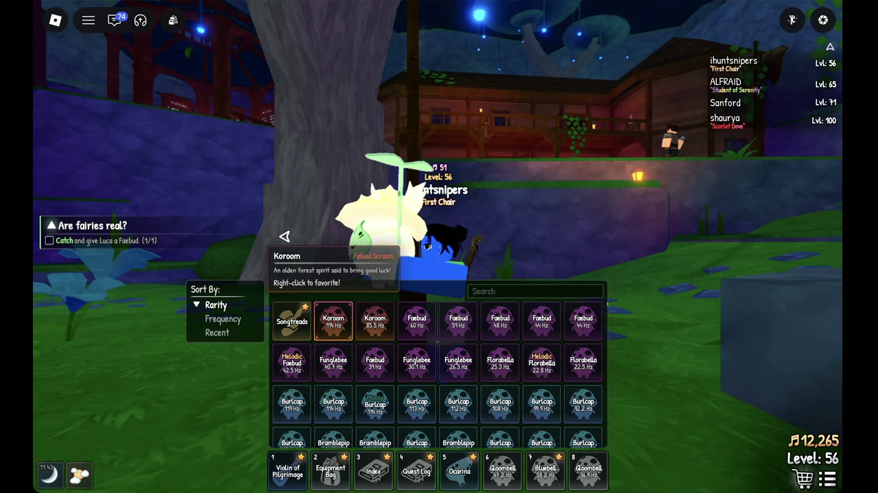 SCROOMS backpack sorted by rarity, with the Koroom tile hovered and its right-click favorite prompt visible