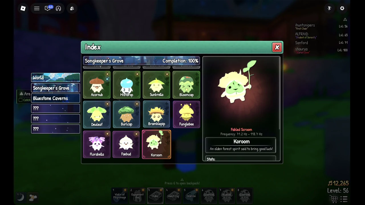 SCROOMS Index on the Songkeeper's Grove tab at 100% completion, with the Koroom card open