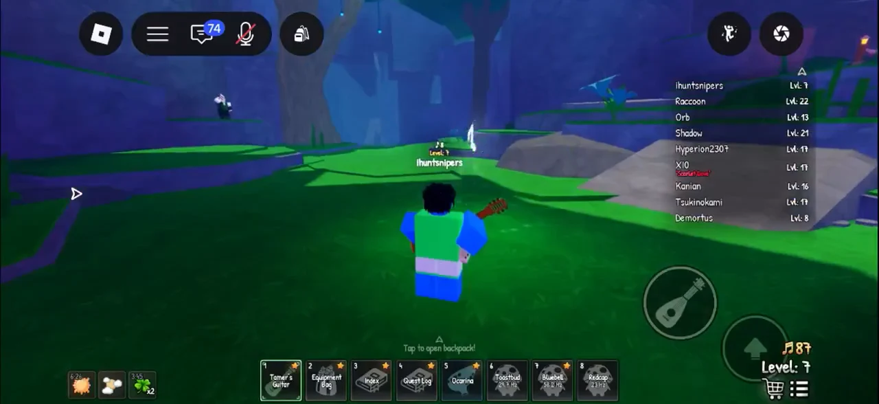 Tamer's Guitar selected in hotbar slot 1 with a prompt to open the backpack