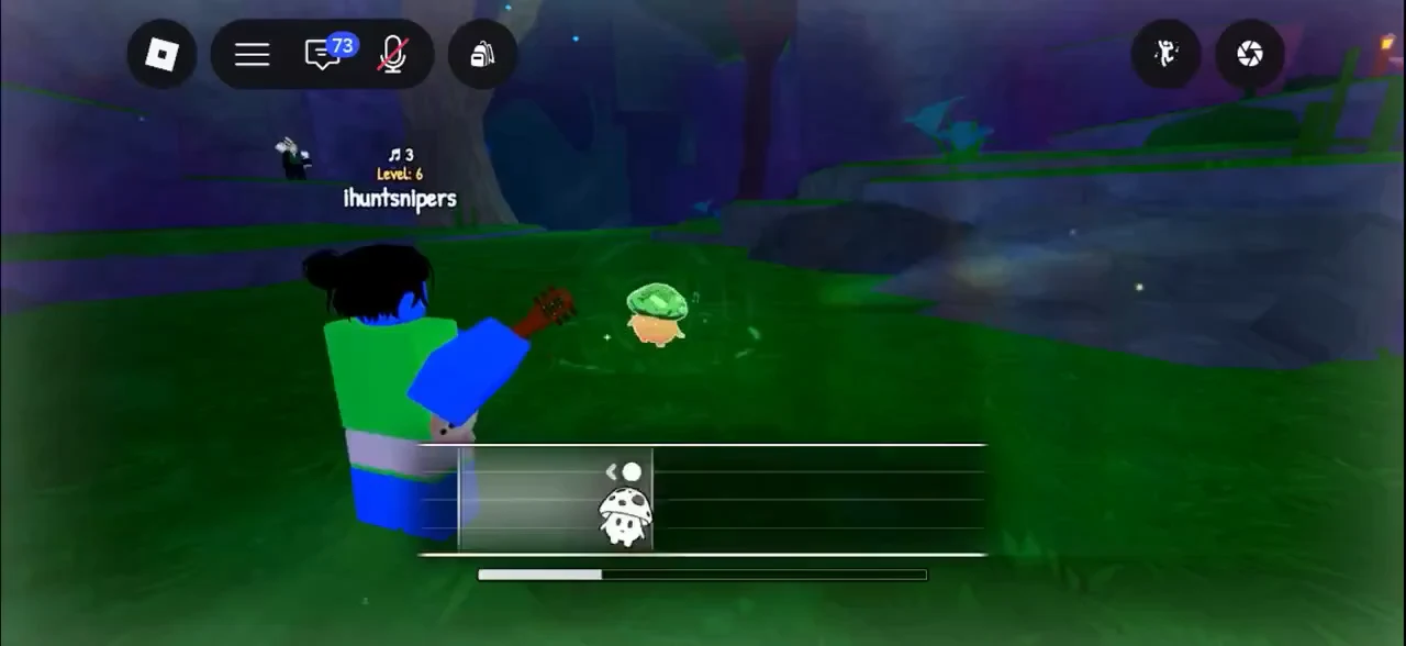 Avatar playing the guitar at a creature as the mushroom progress meter fills