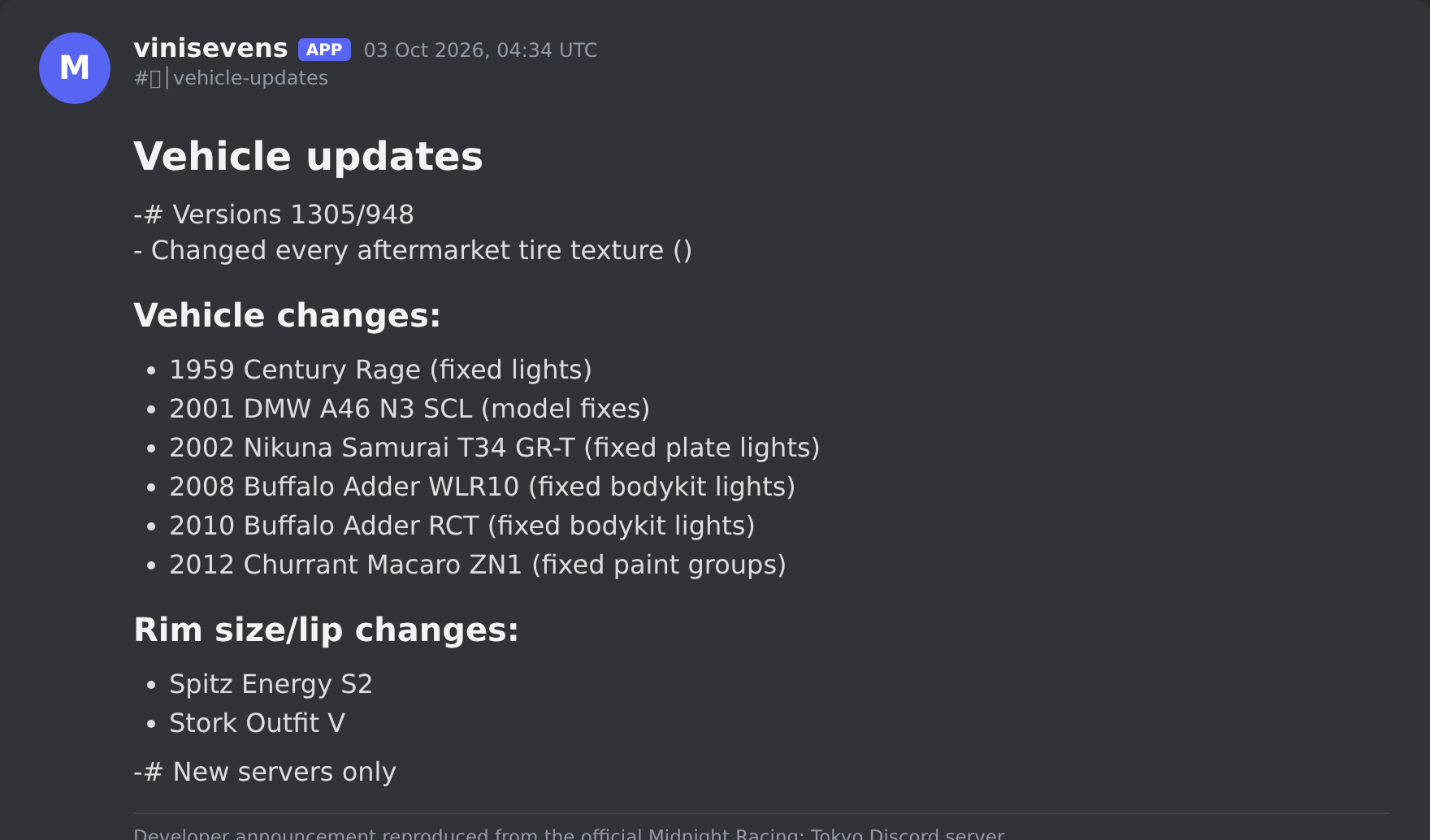 The Midnight Racing update post in the game's Discord server