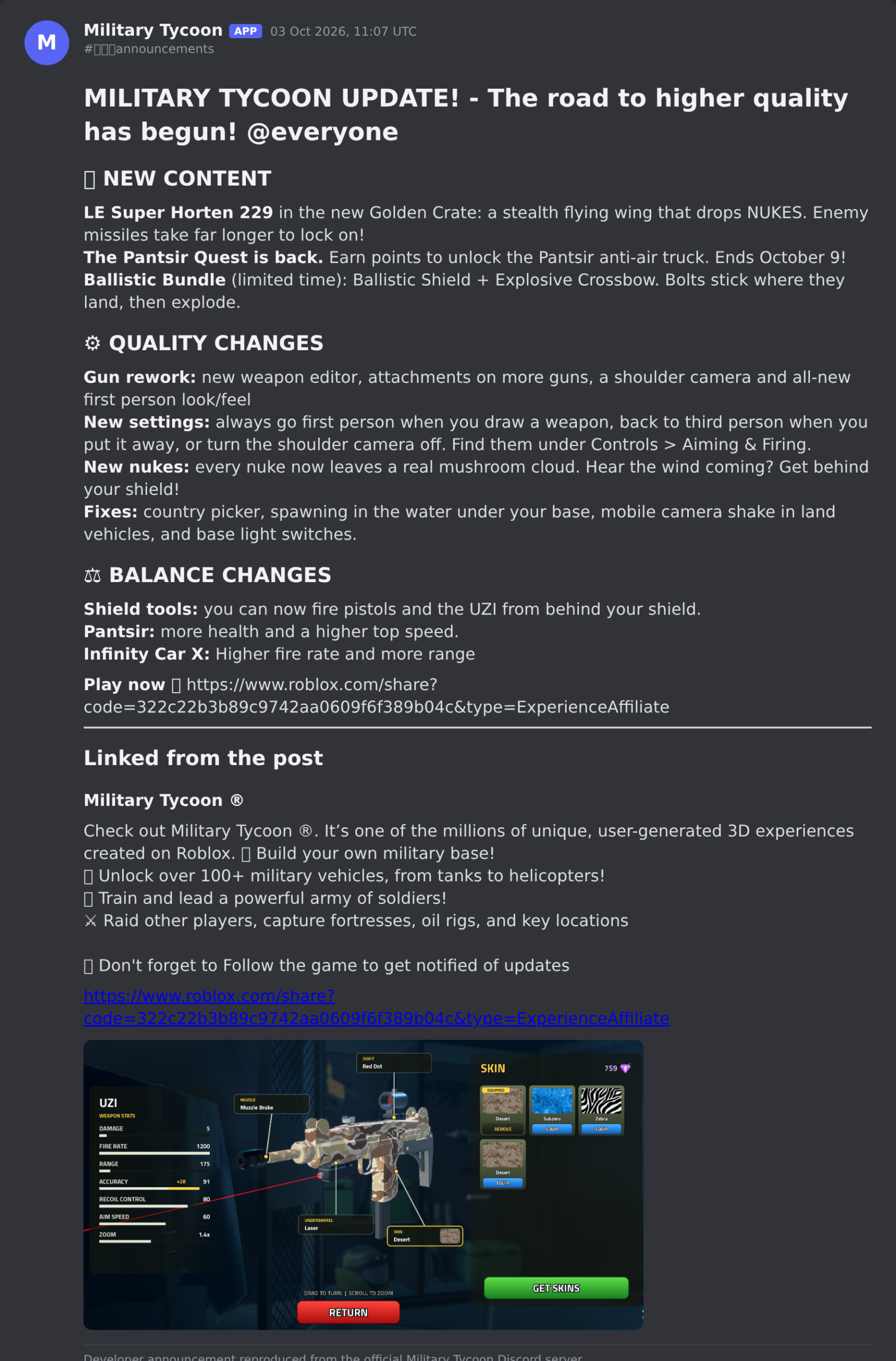 The Military Tycoon update post in the game's Discord server
