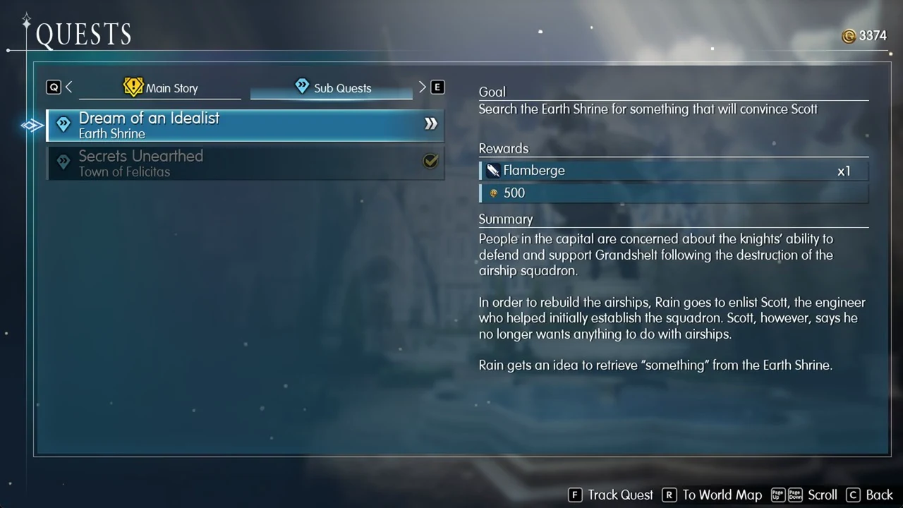 Quests menu on the Sub Quests tab with Dream of an Idealist at Earth Shrine selected and its details shown