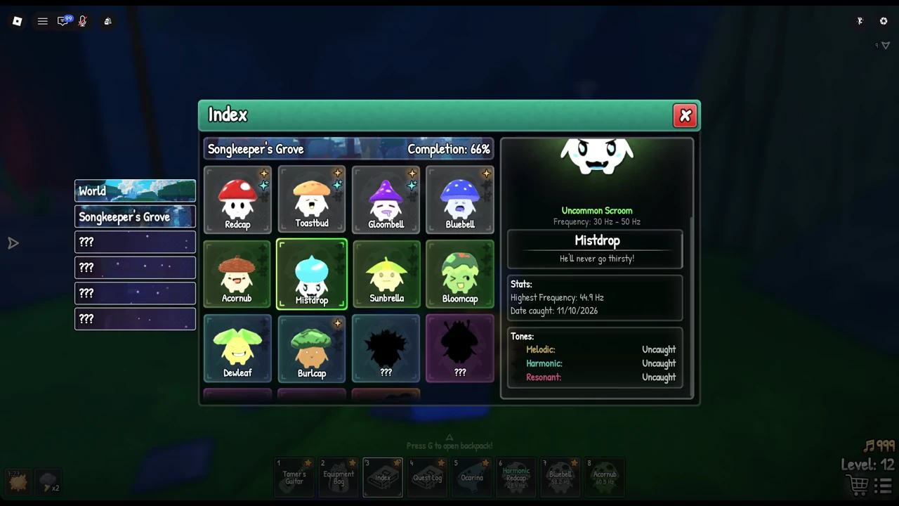 Mistdrop's Index entry open in Songkeeper's Grove showing rarity, frequency range, stats, and tones