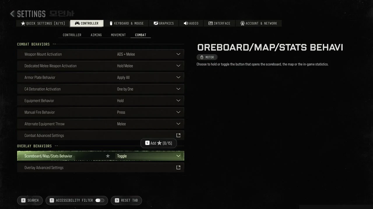 Controller Combat sub-tab with Scoreboard/Map/Stats Behavior selected and set to Toggle