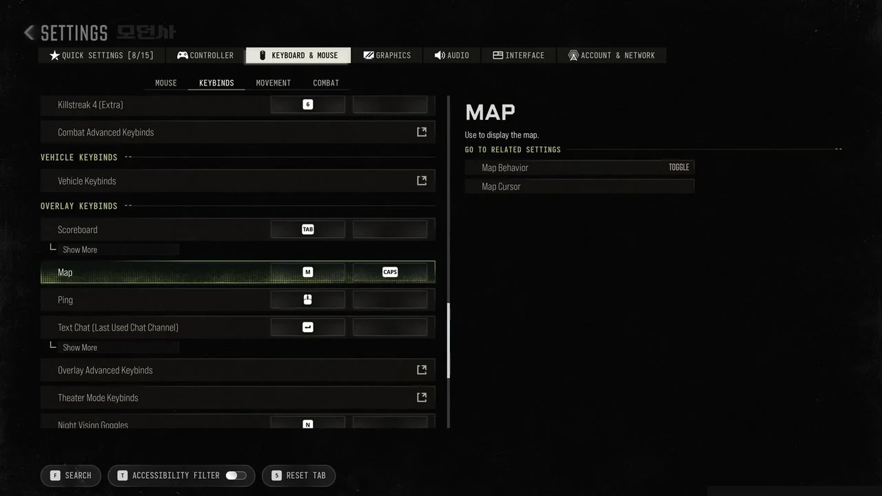 Overlay Keybinds with the Map action highlighted and M and Caps Lock assigned