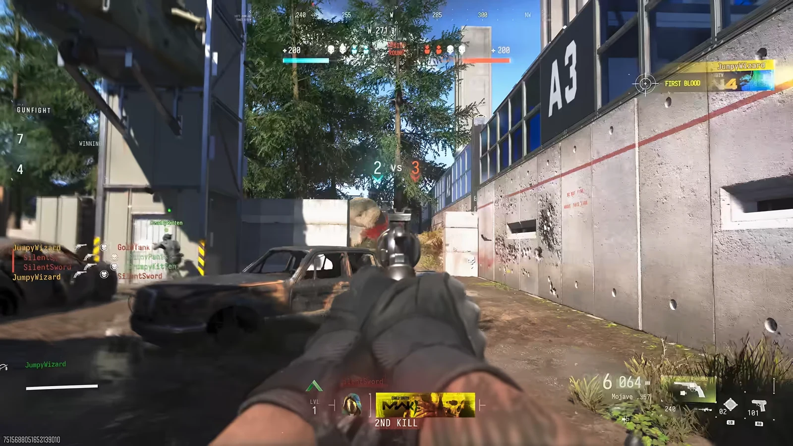 Player aiming a revolver down a Kill Block lane as a second kill registers on the HUD