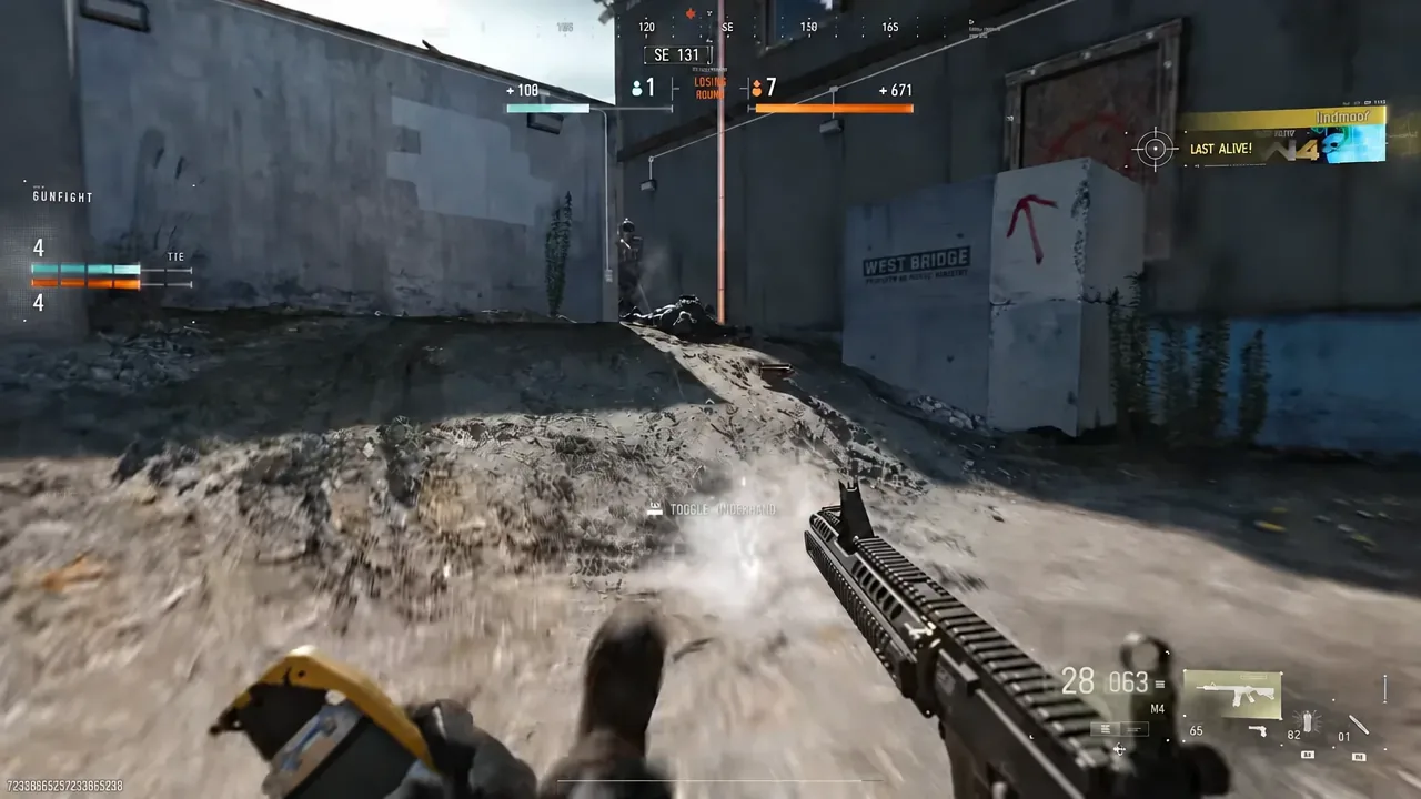 Rifle aimed at an opponent in Gunfight with an underbarrel prompt on screen