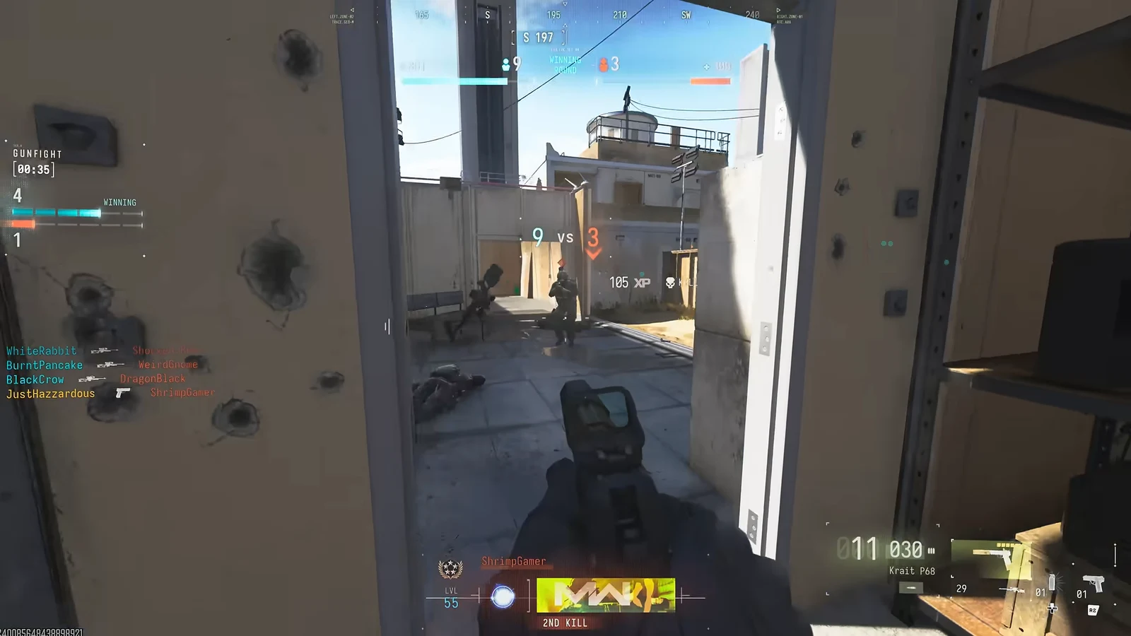 Scoped submachine gun aimed through a doorway at opponents with a kill confirmation on screen