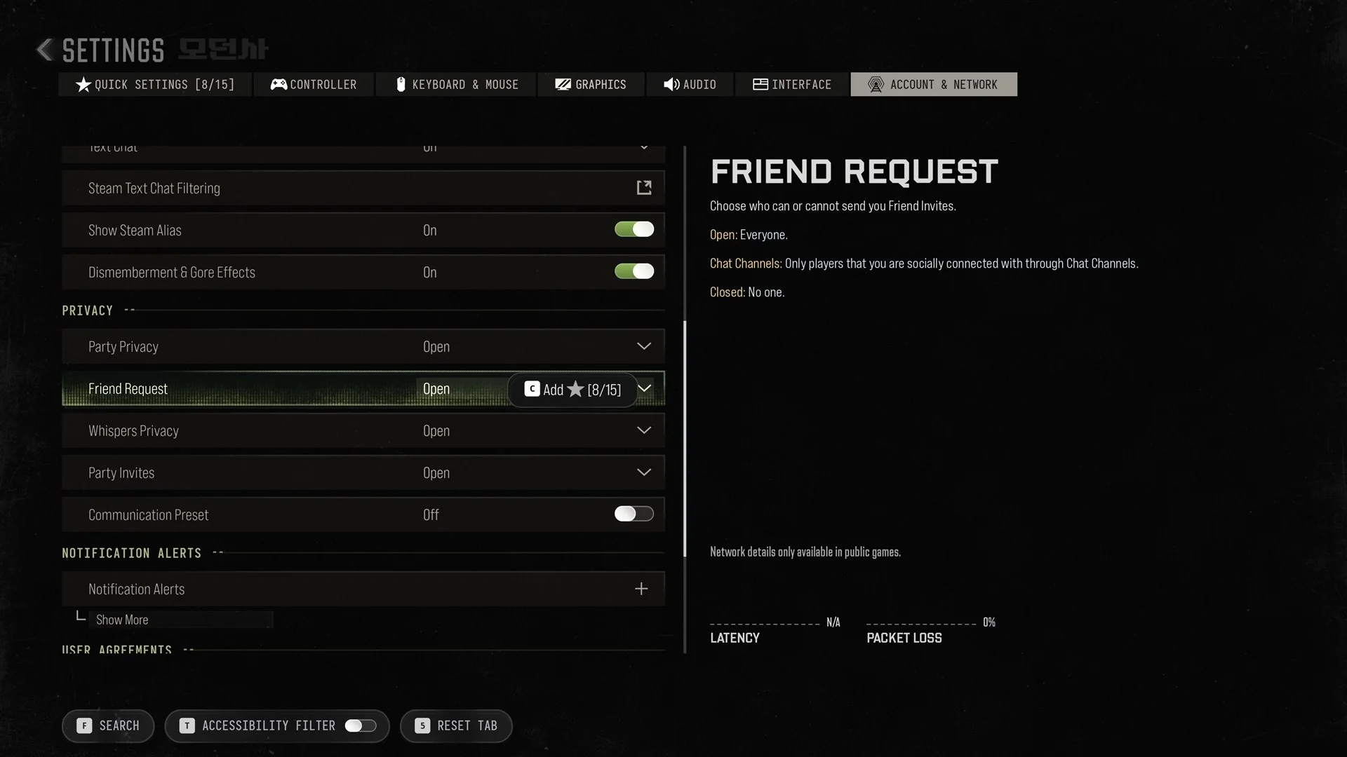 Privacy section on the Account and Network tab in Modern Warfare 4 with the Friend Request options Open, Chat Channels and Closed