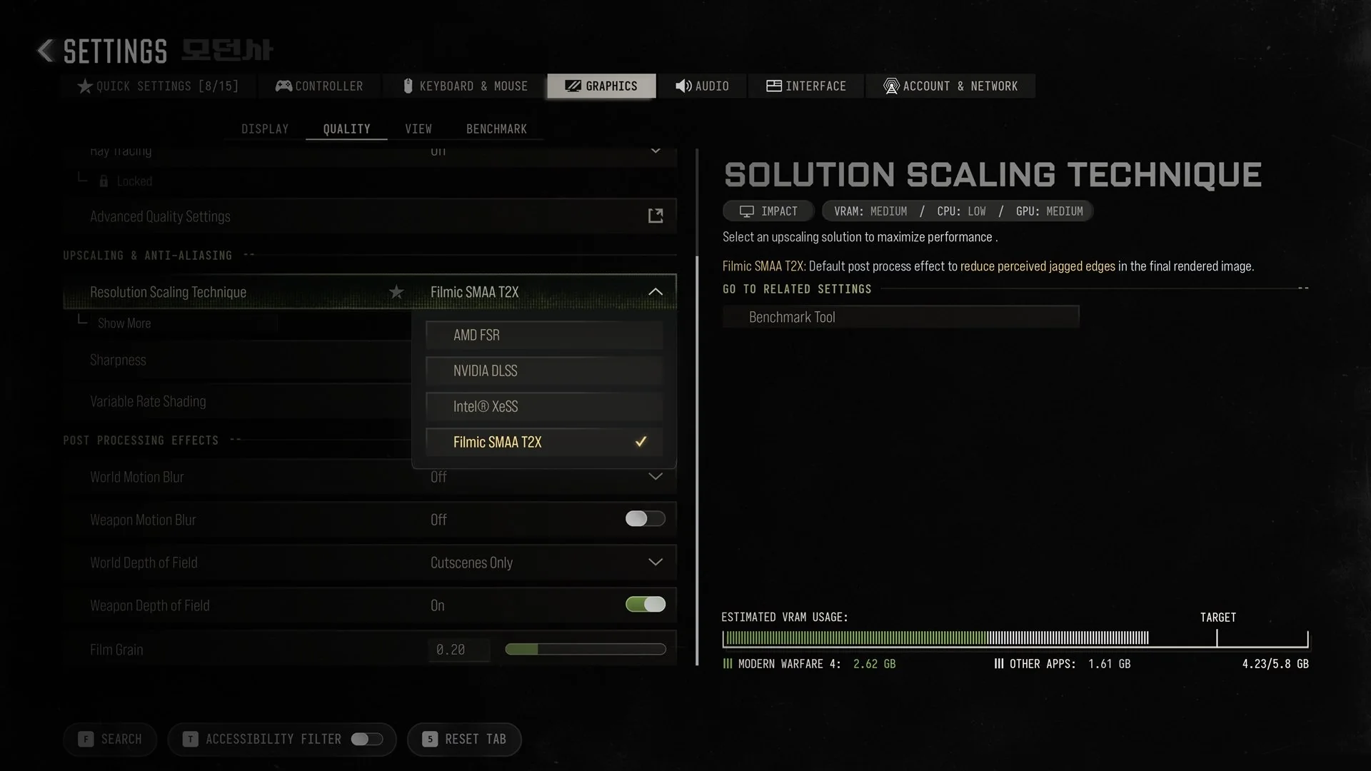 Resolution Scaling Technique dropdown in Modern Warfare 4 listing AMD FSR, NVIDIA DLSS, Intel XeSS and Filmic SMAA T2X