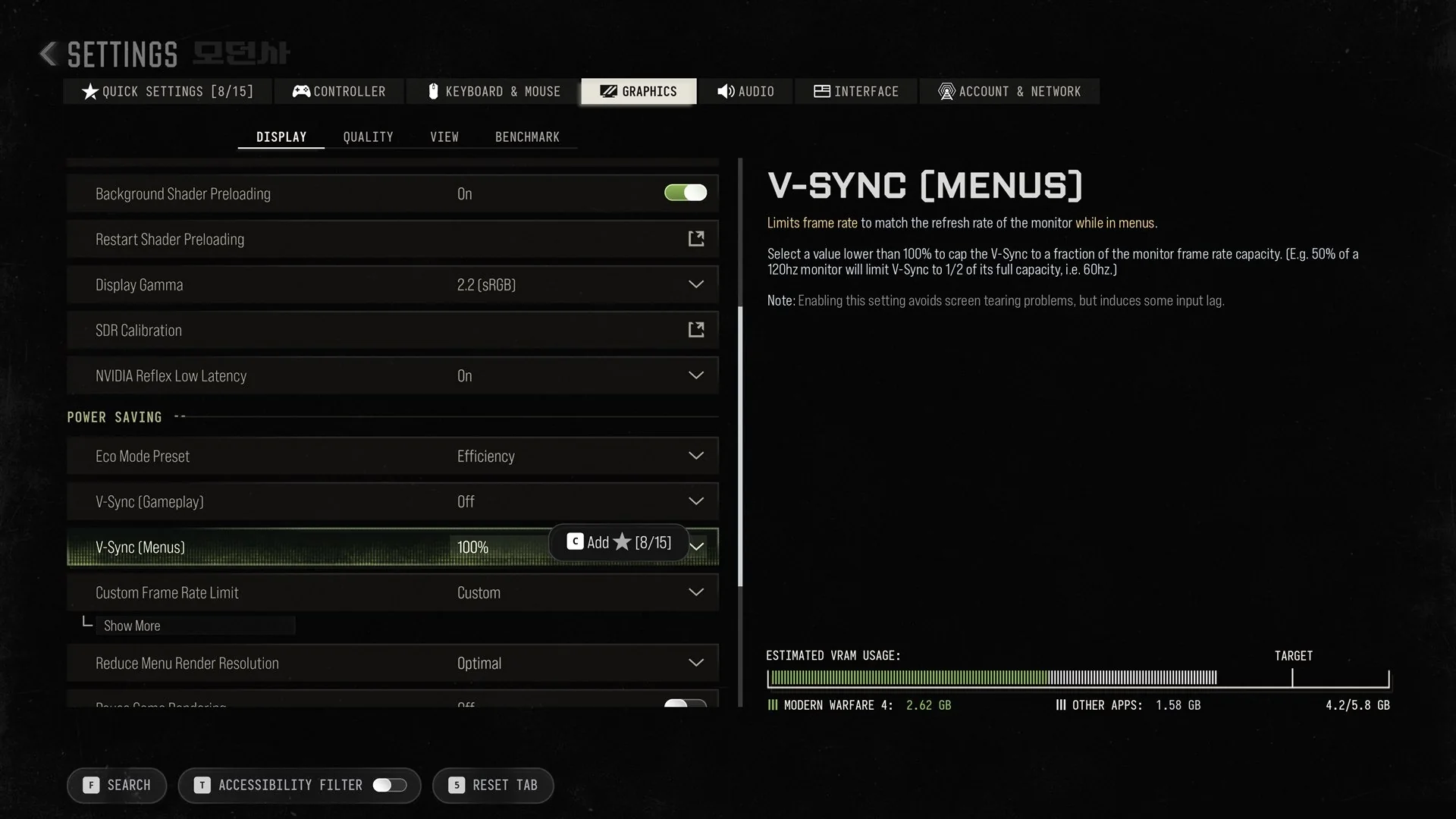 V-Sync Menus row at 100 percent in Modern Warfare 4 with the note that V-Sync induces some input lag