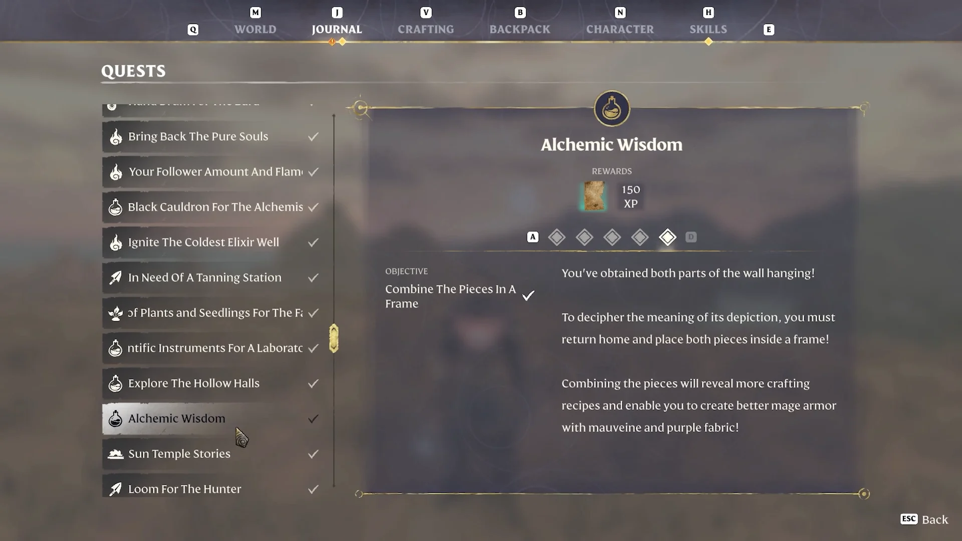 journal, quest Alchemic Wisdom, Combine The Pieces In A Frame