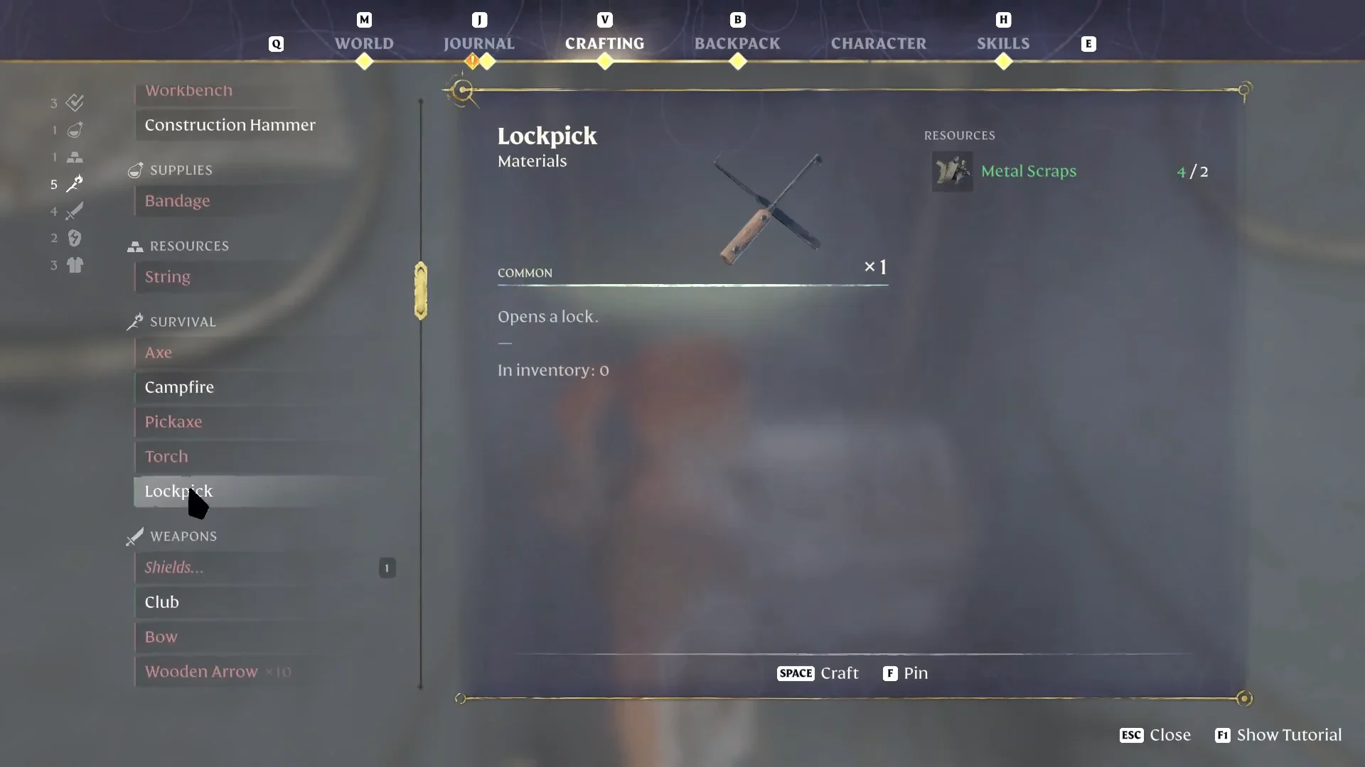 Lockpick recipe in the Crafting menu