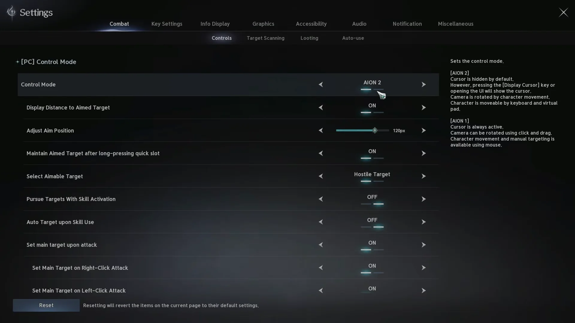 Control Modes in Combat Tab