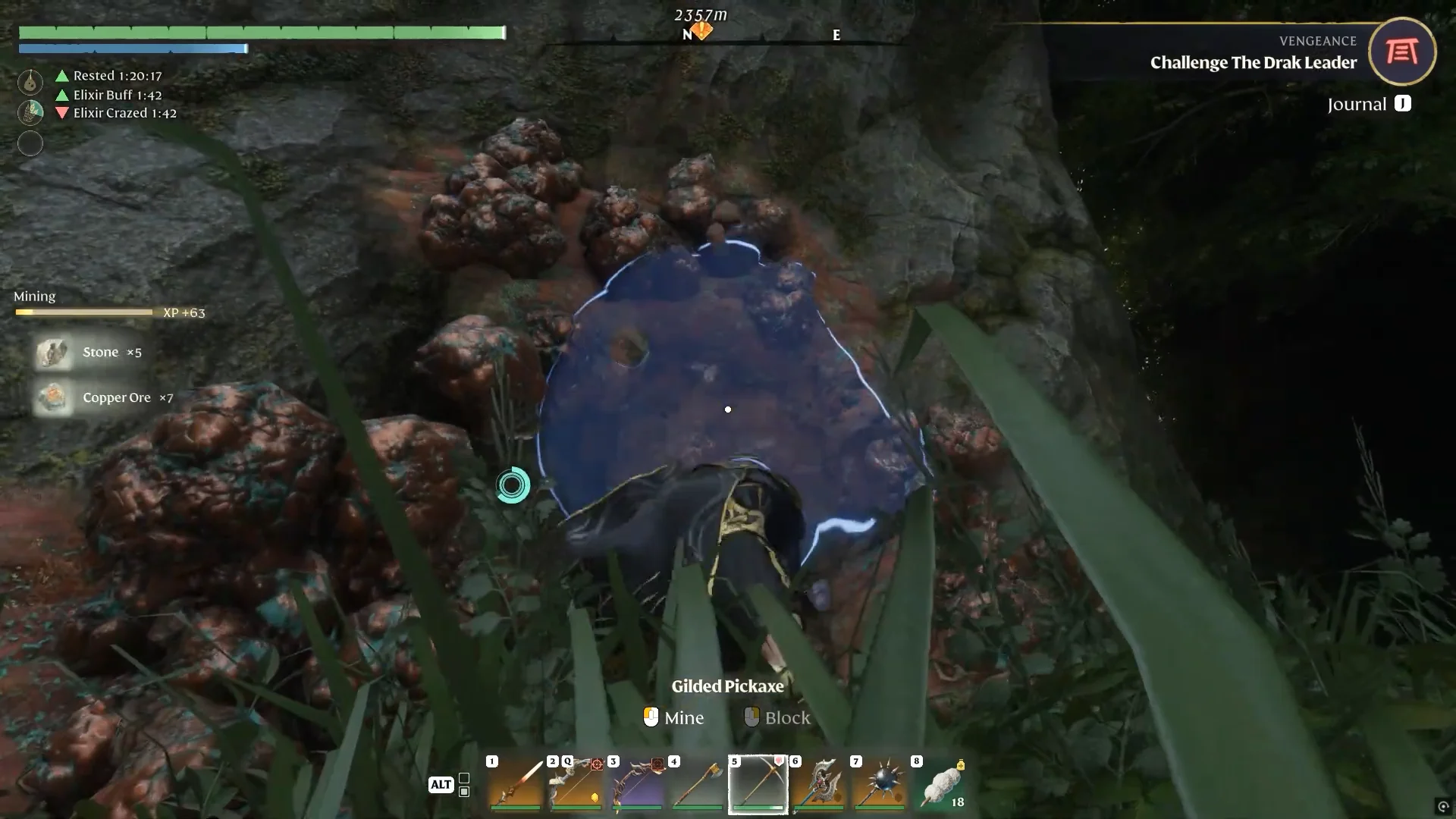 Mining the ore with a pickaxe