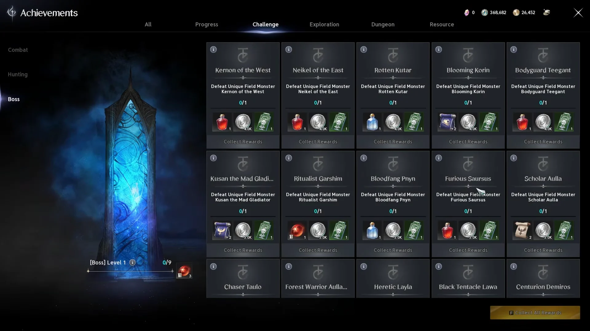 Achievements Menu Boss Rewards