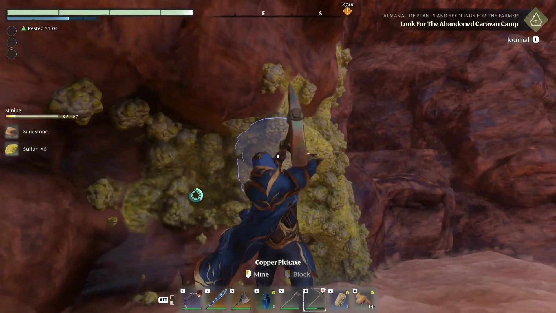 Mining a yellow sulfur deposit with a pickaxe