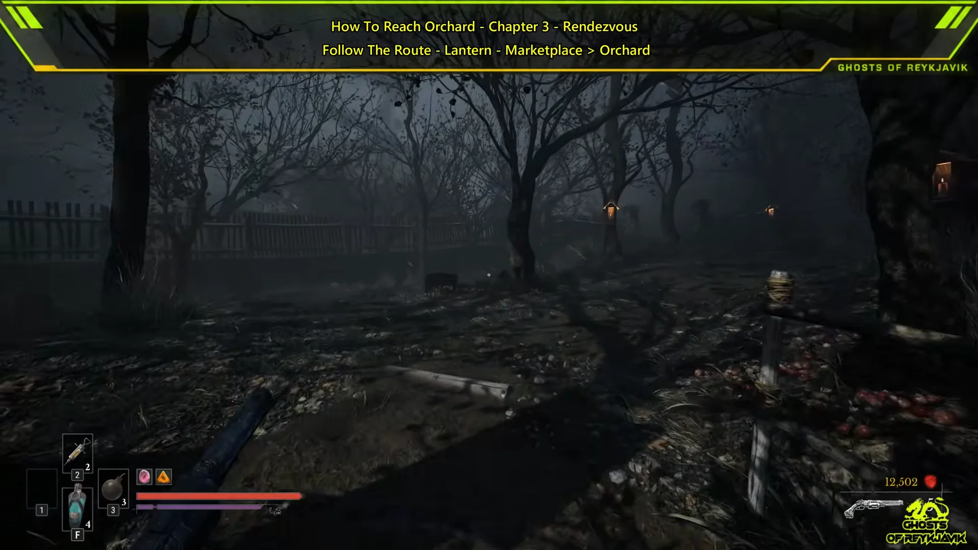 Navigating the foggy orchard path