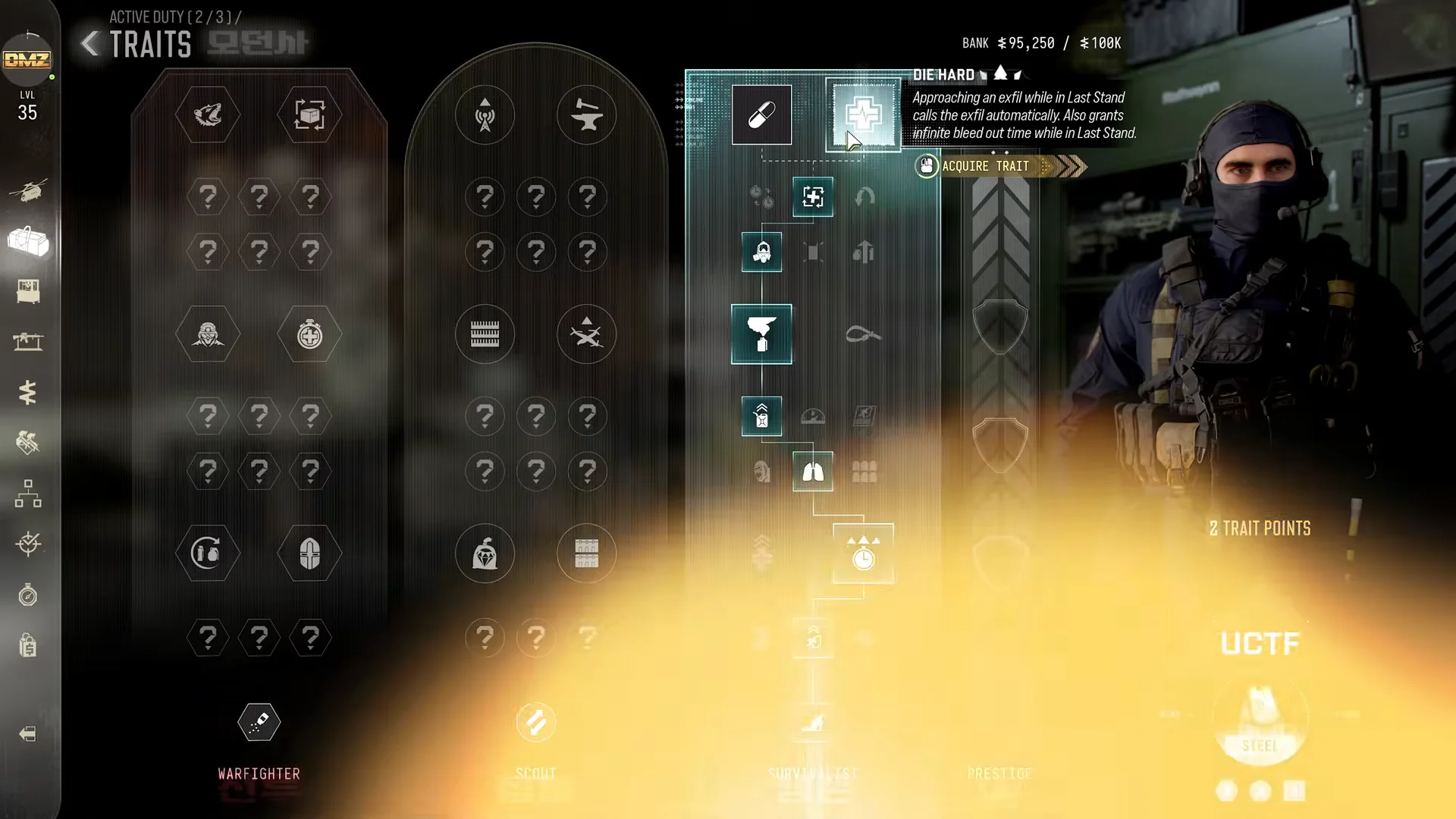 Survivalist Diehard trait text