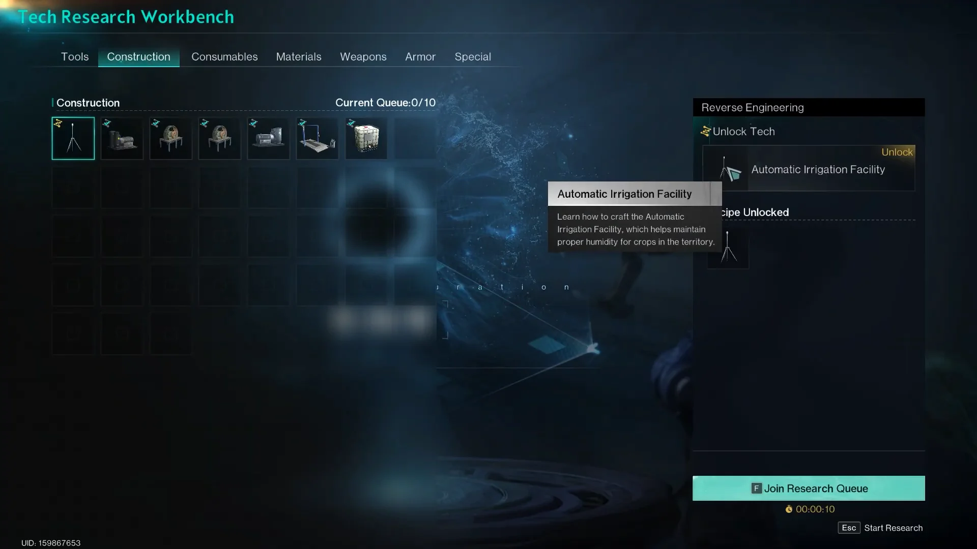 Unlocking recipe at Tech Research Workbench