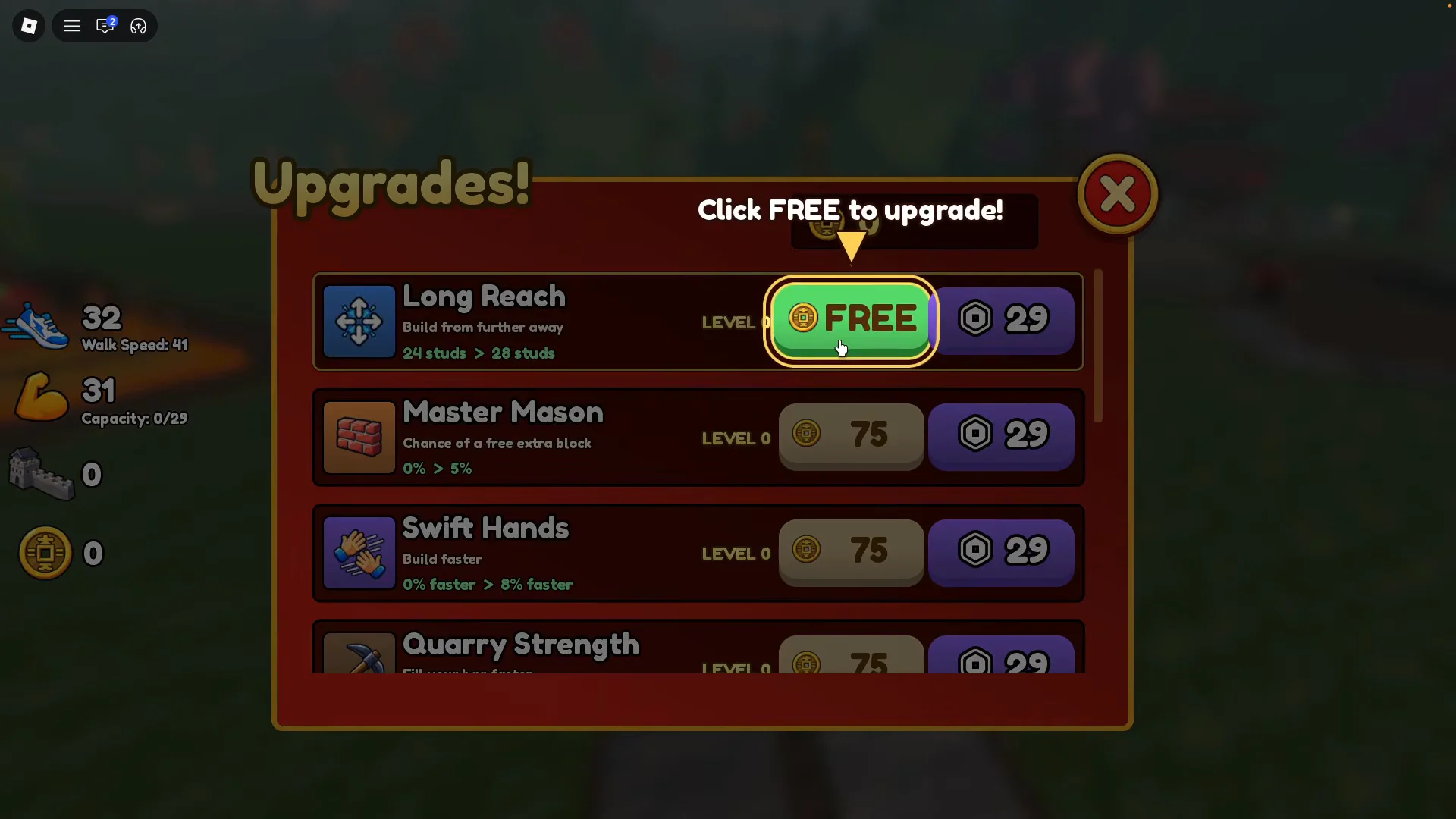 Upgrades menu and free upgrade
