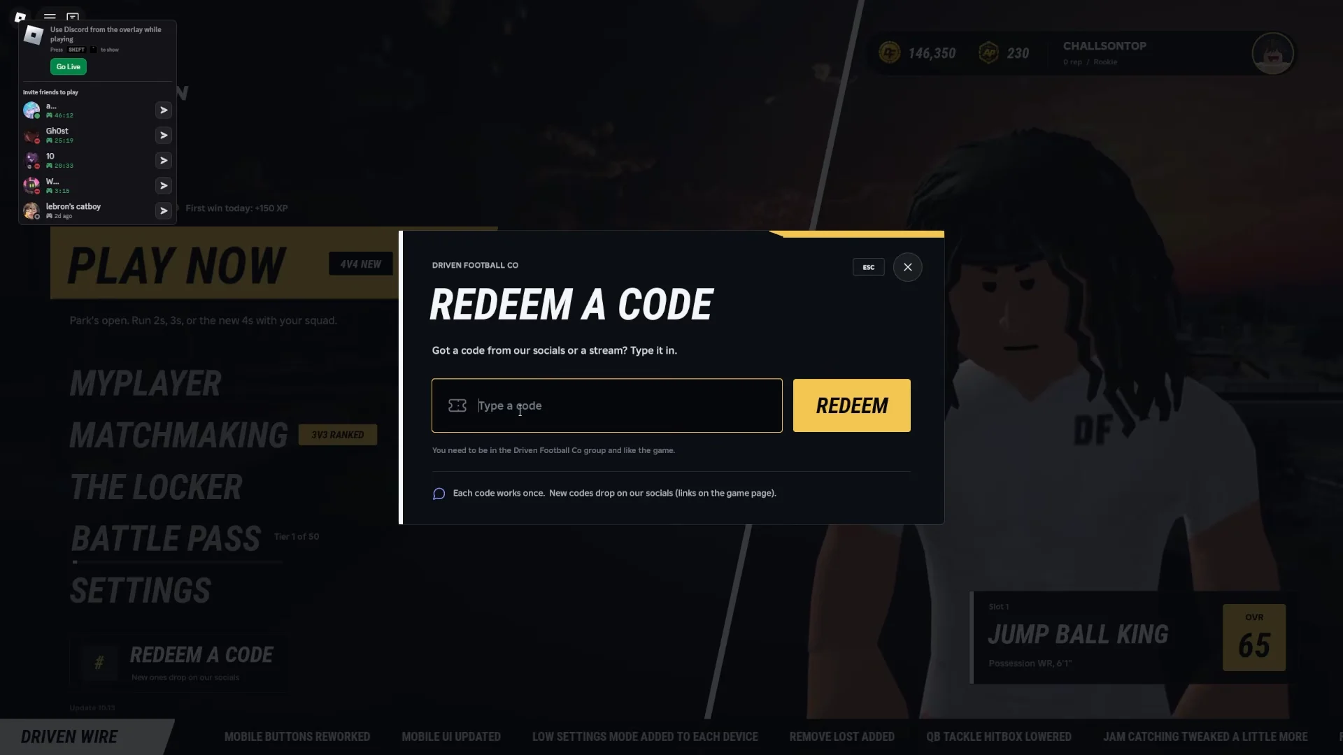 Code Redemption Menu