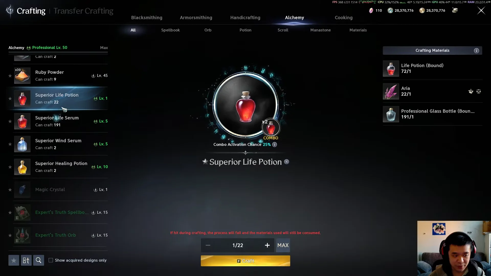 Crafting Superior Life Potion