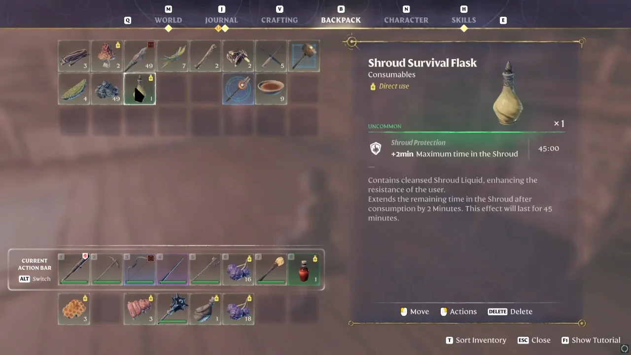 Shroud Survival Flask in the backpack with its item card