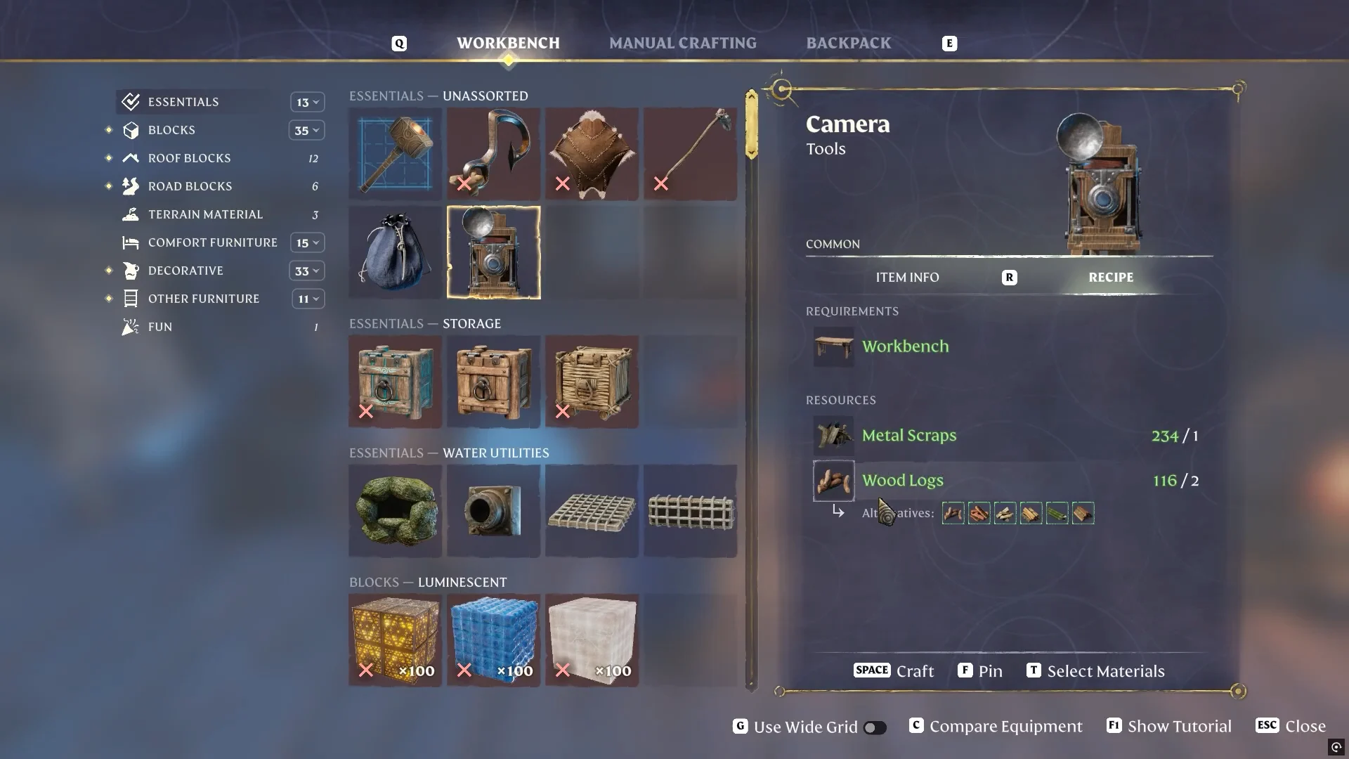 Workbench recipe selection