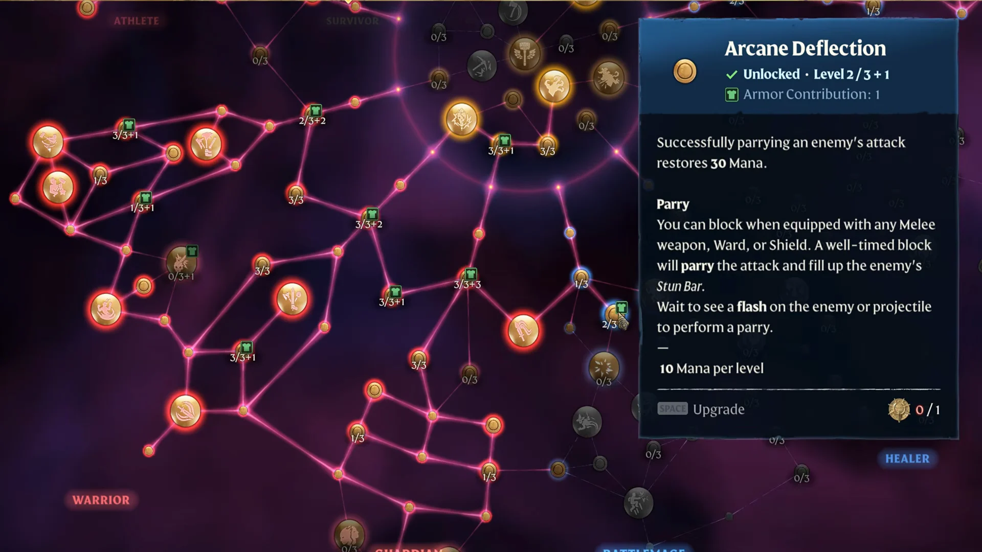 Arcane Deflection card Level 2/3+1 with Armor Contribution and 10 per level line