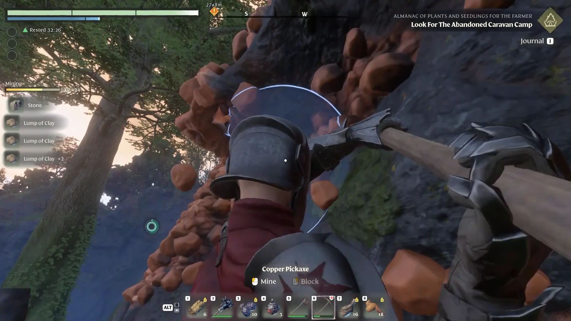 Mining orange clay with a pickaxe