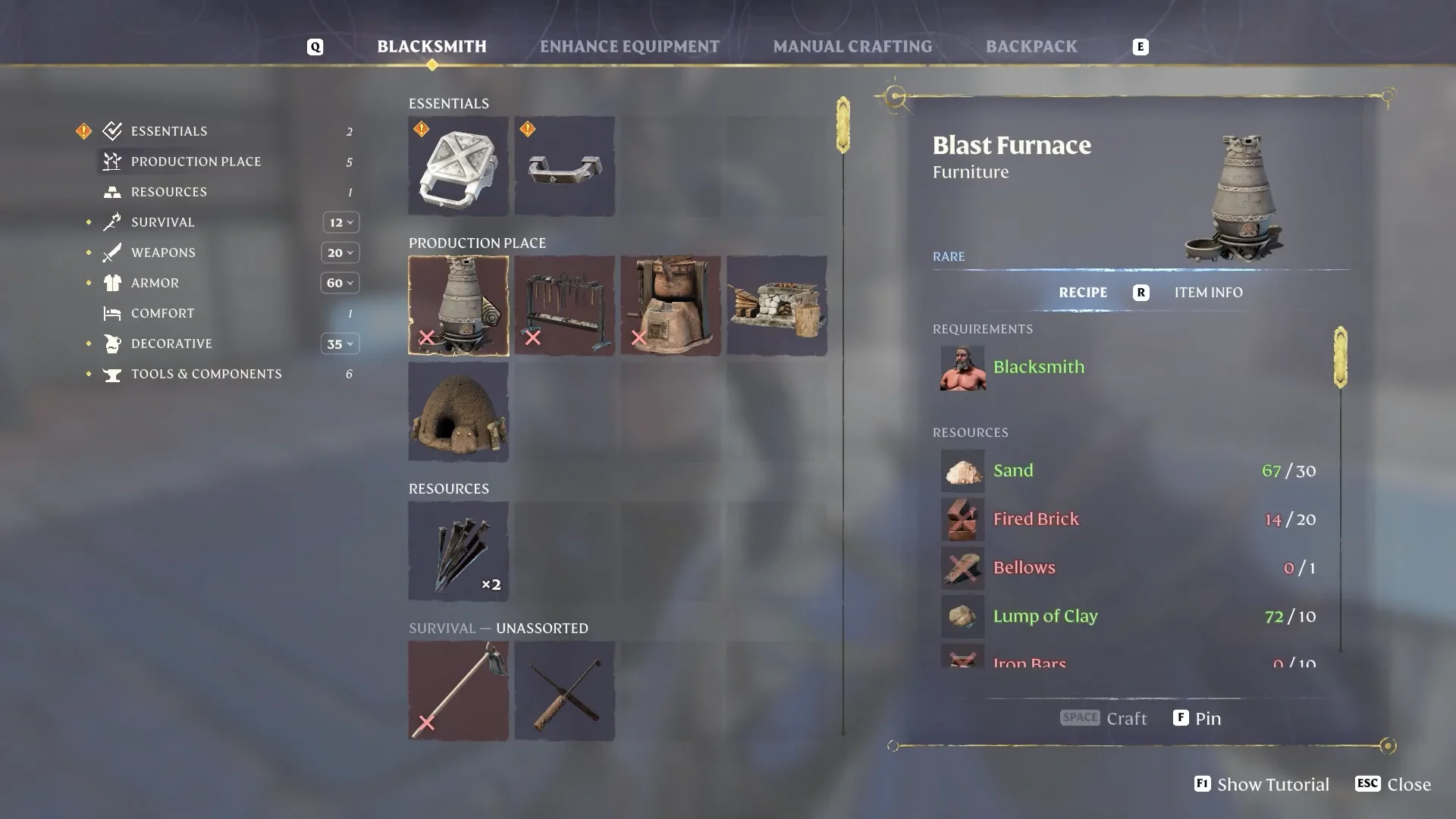 Blacksmith menu, Blast Furnace recipe