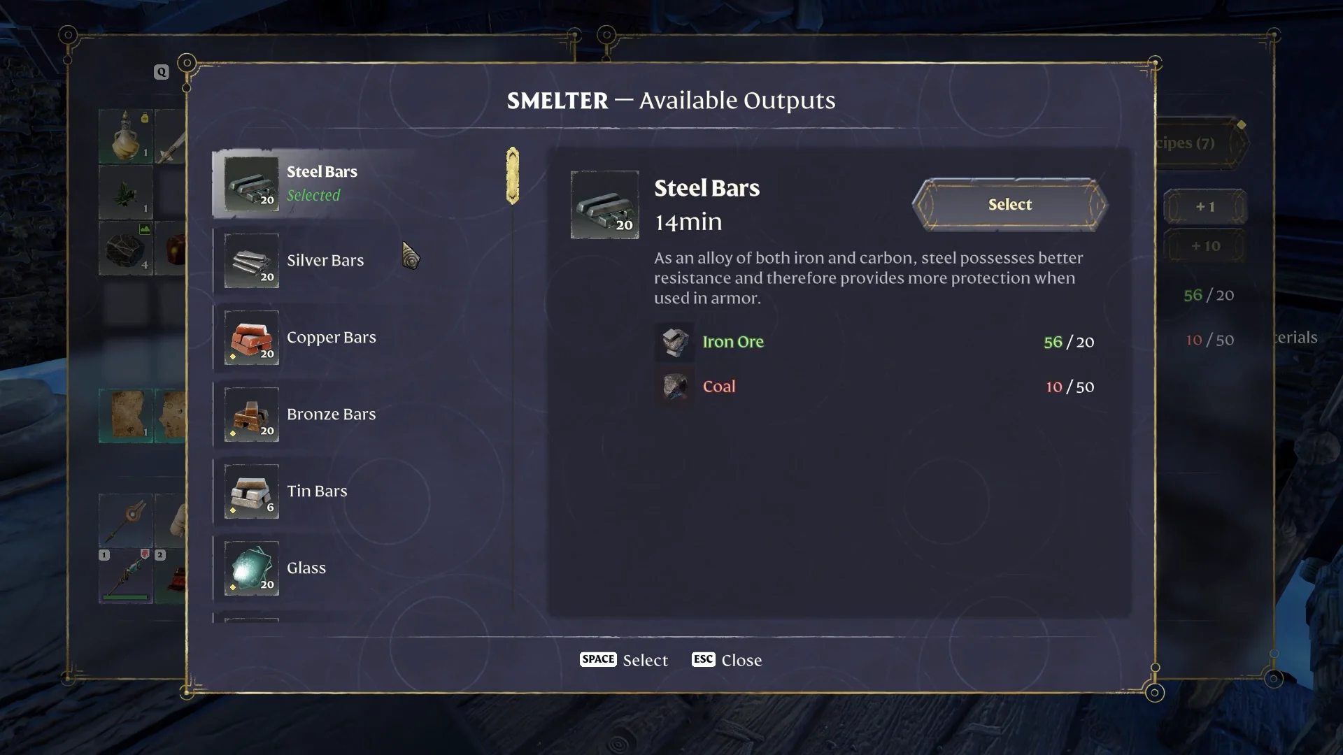 furnace menu with Steel Bars selected