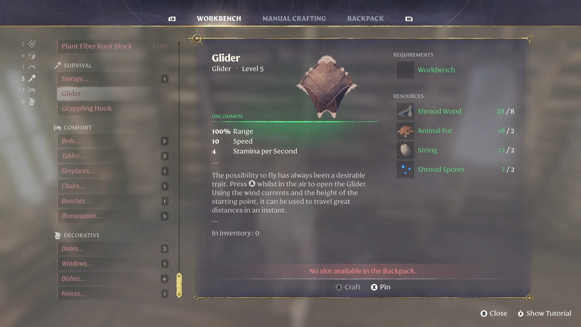 the Glider recipe ready to craft at the Workbench