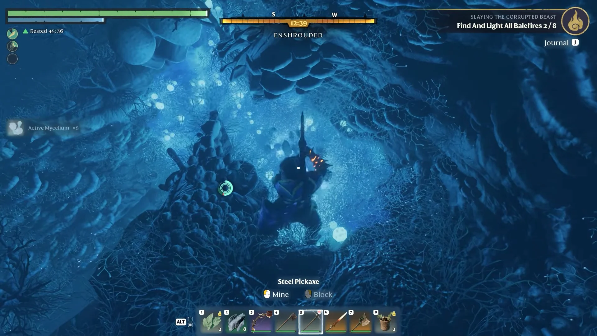 mining a cluster of mushroom caps inside the Shroud with a Steel Pickaxe