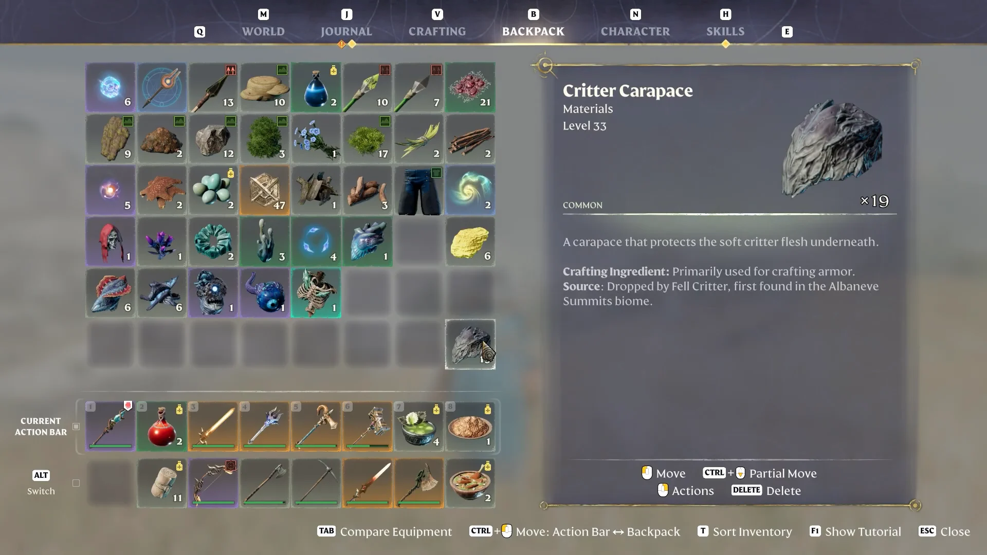 Critter Carapace item text (dropped by Fell Critter, first found in the Albaneve Summits)