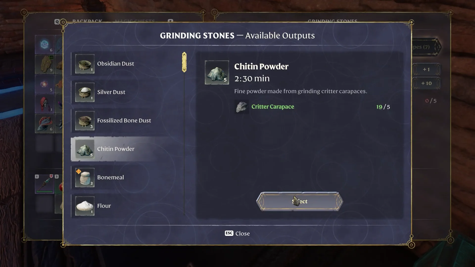 Grinding Stones outputs with Chitin Powder (2:30 min, Critter Carapace)