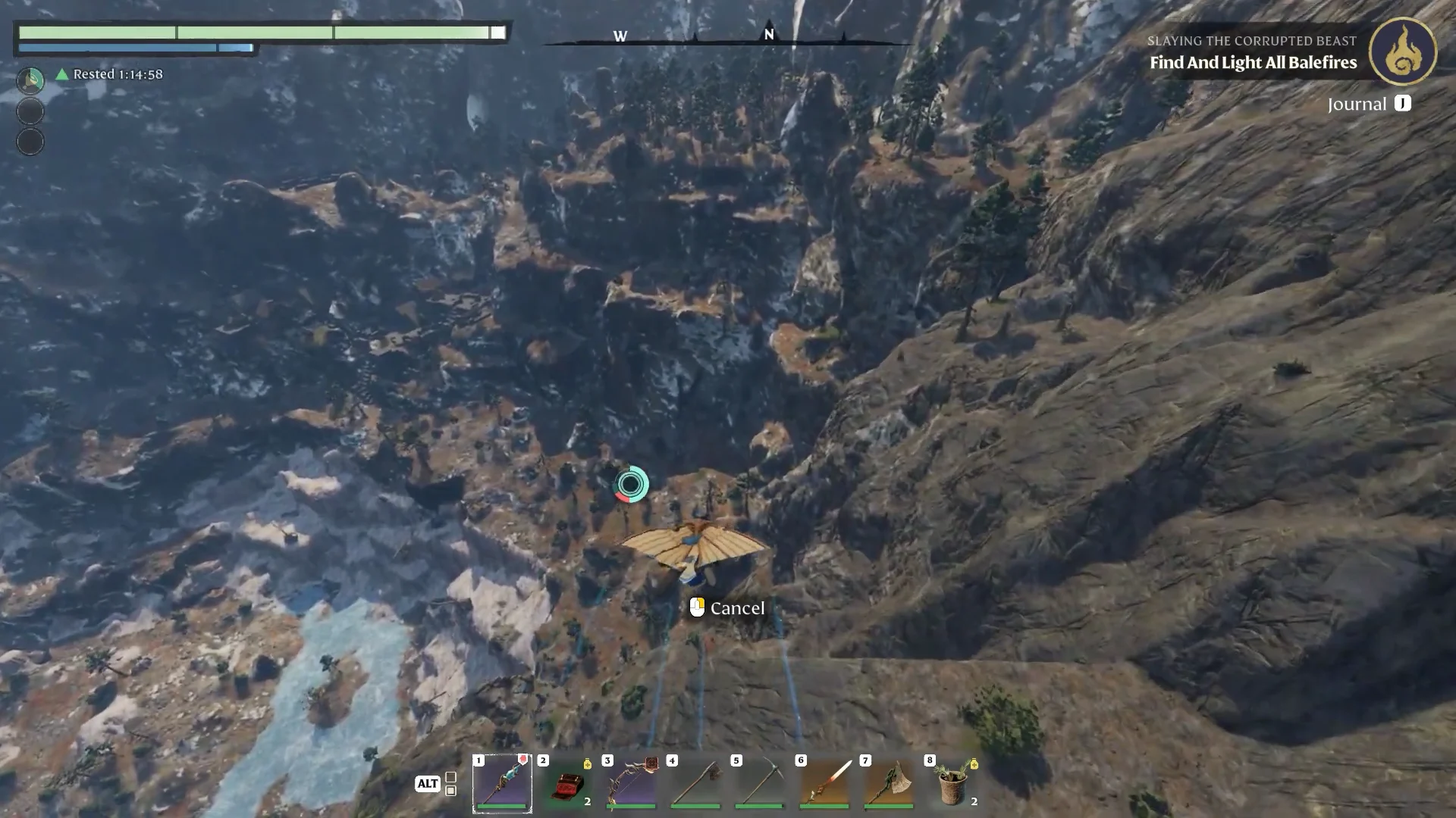 gliding down from the spire over the mountains