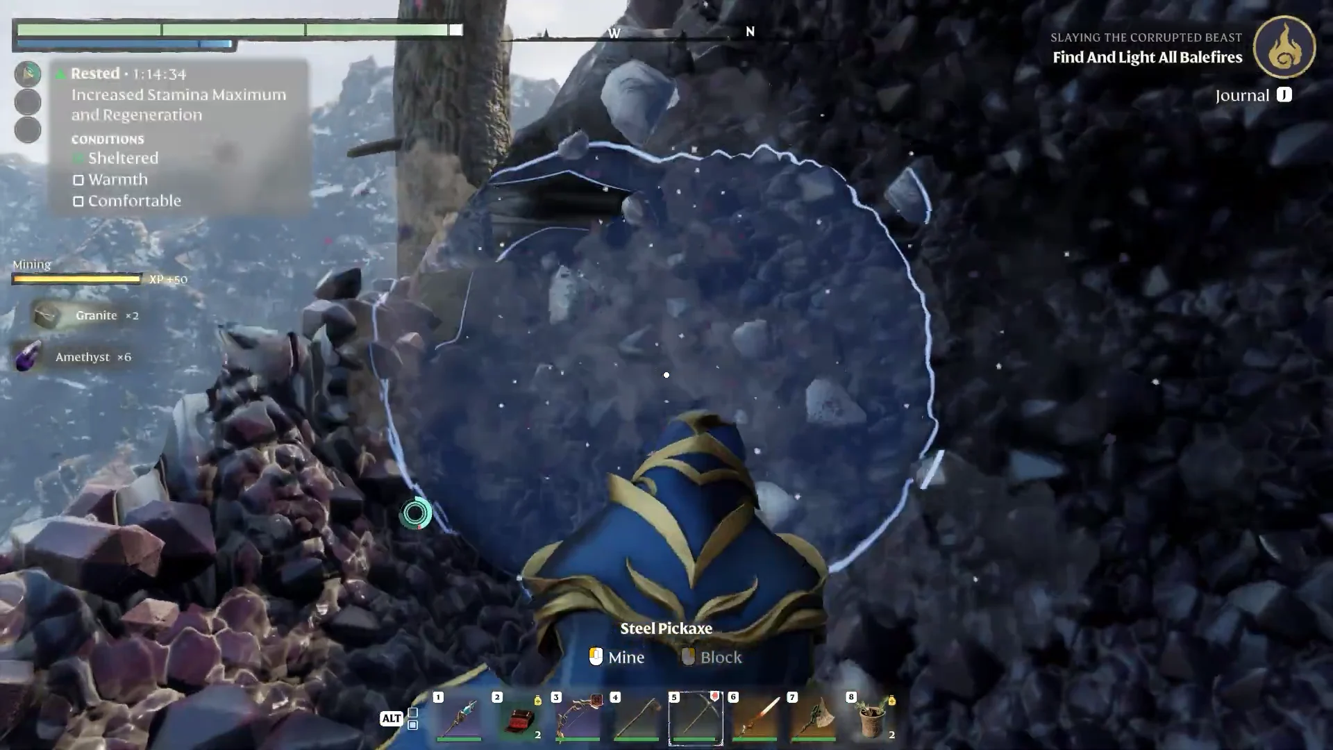 mining the purple crystal with a pickaxe
