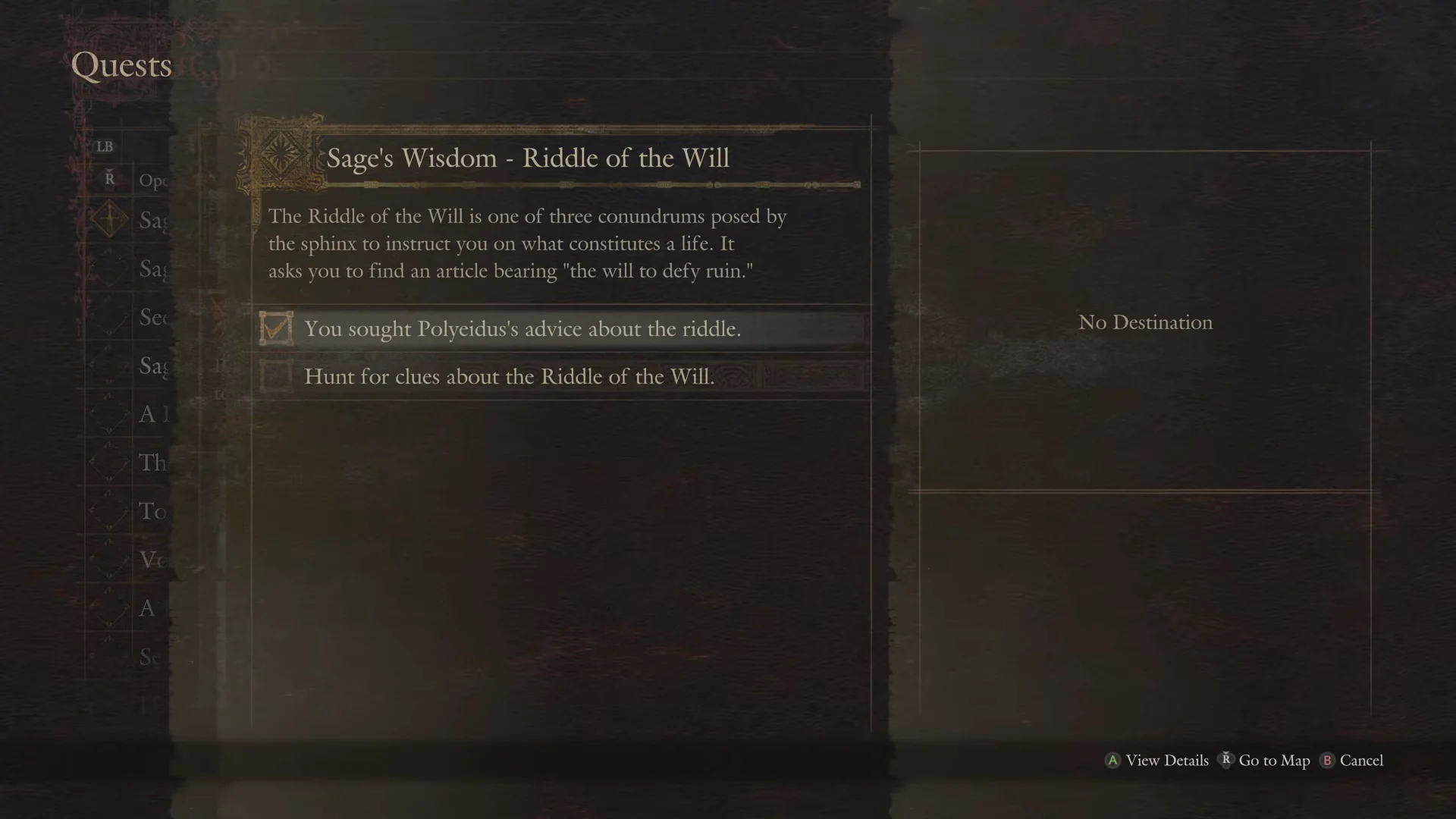 Quest page for the Riddle of the Will
