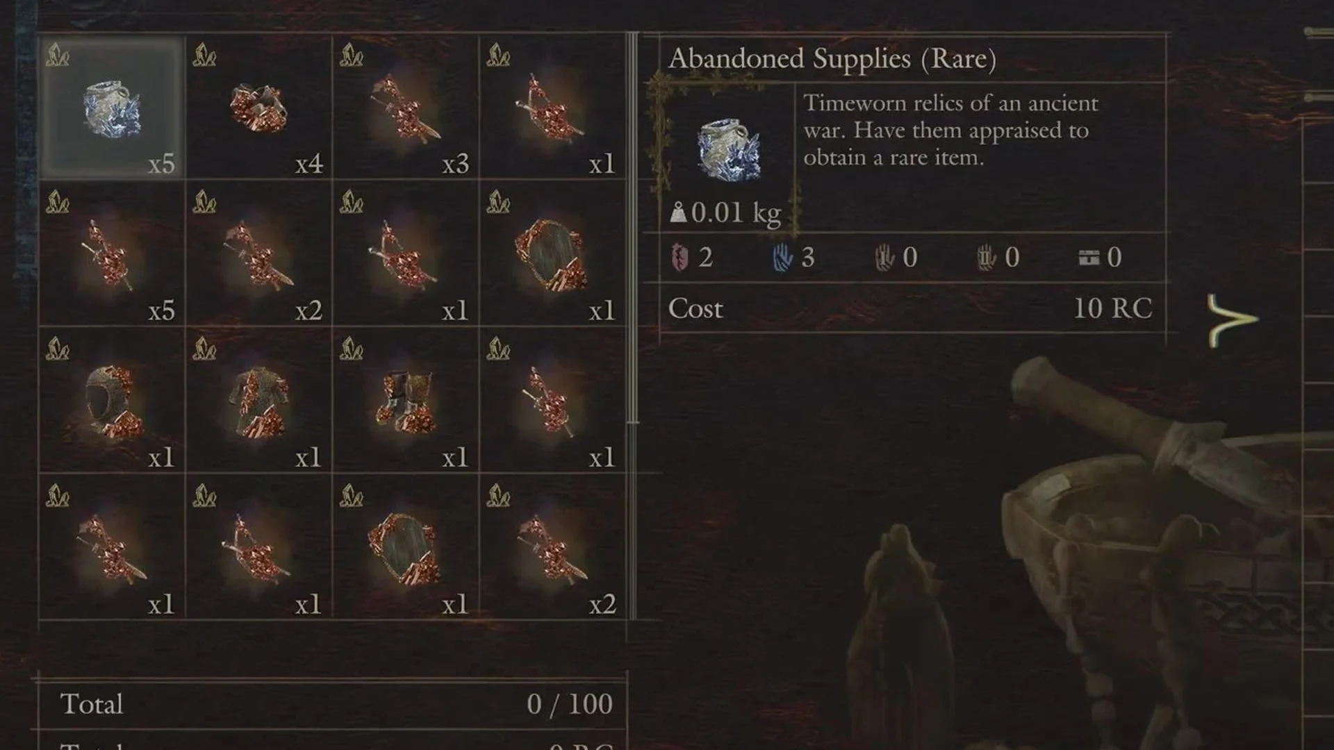 Appraisal screen with Abandoned Supplies (Rare) highlighted, its description and the line Cost 10 RC