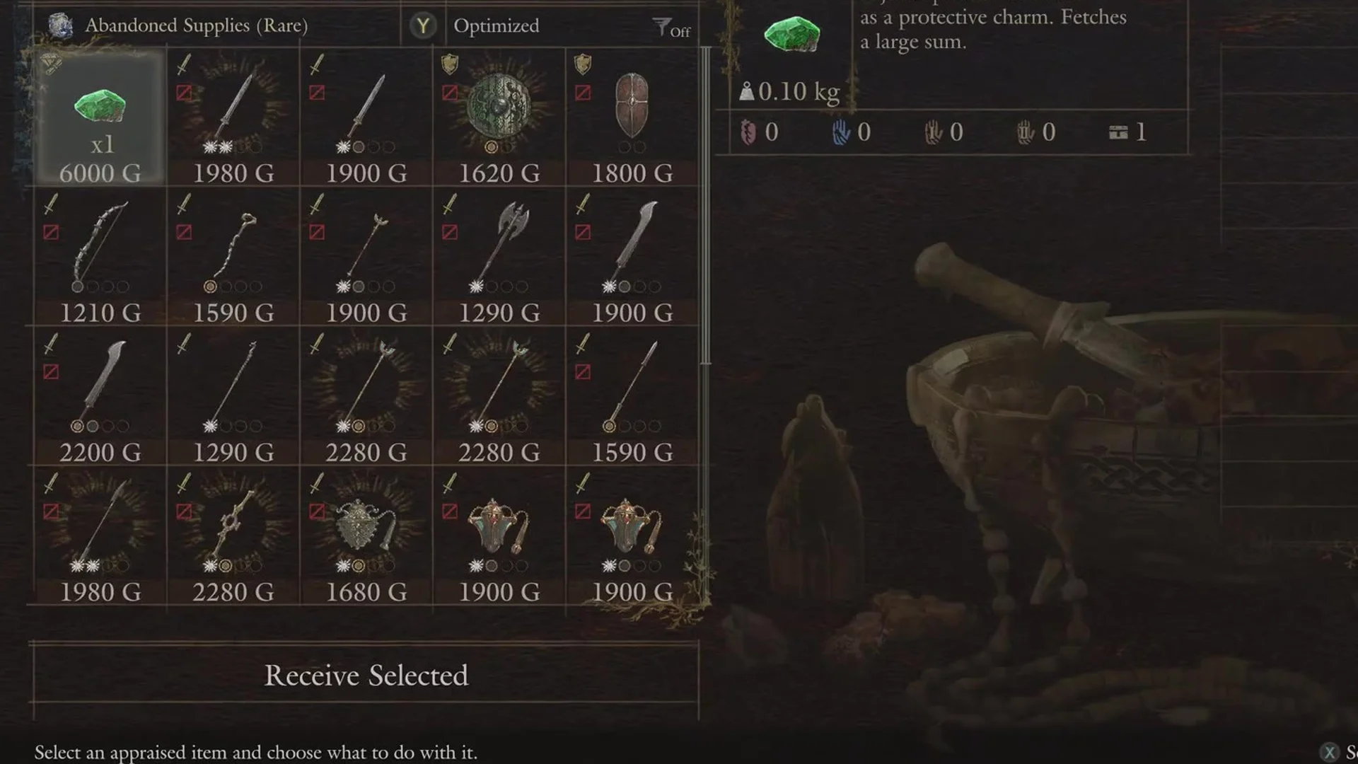Appraisal results grid with an Emerald worth 6000 G highlighted and the line Abandoned Supplies (Rare) above the grid
