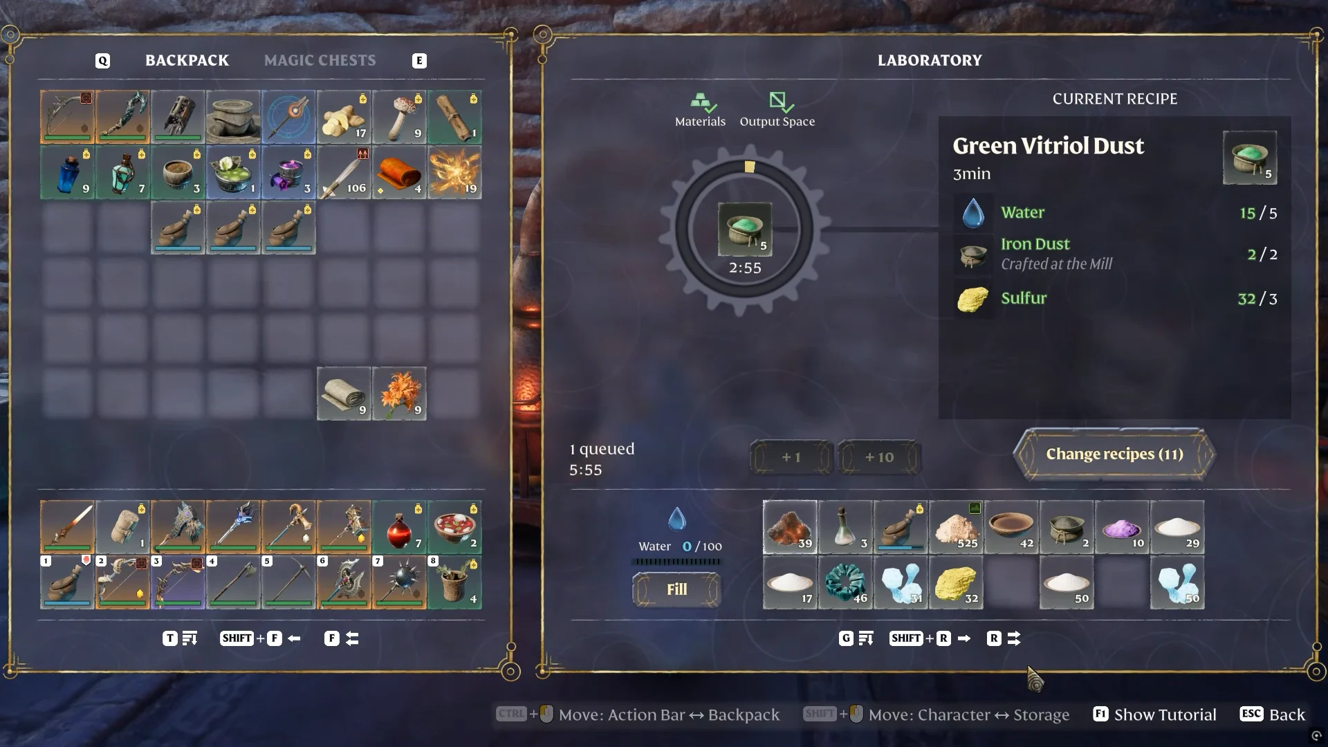 Laboratory Green Vitriol Dust recipe (Water, Iron Dust, Sulfur)