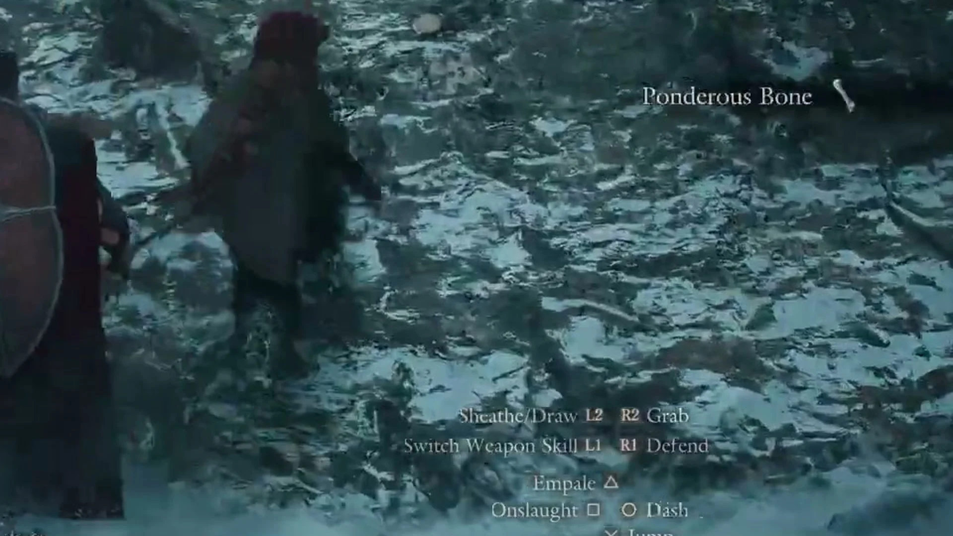 The pickup line Ponderous Bone at the right of the screen on a snowy slope