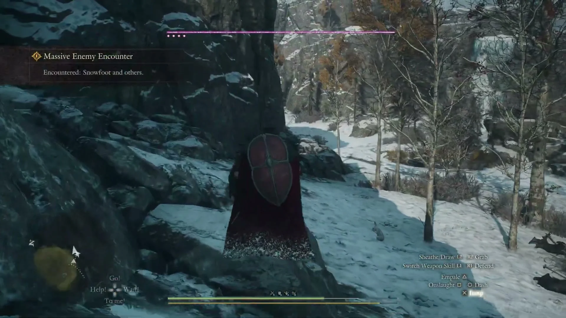 Snowy slope among bare trees with the banner Massive Enemy Encounter, Encountered: Snowfoot and others and a thin magenta health bar with four dots at the top