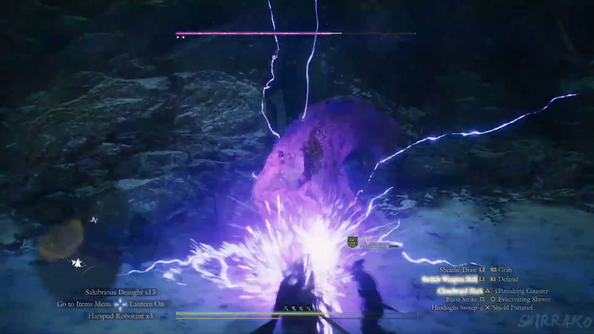 The Snowfoot wrapped in purple lightning arcs at night on a snowy slope, its health bar partly drained