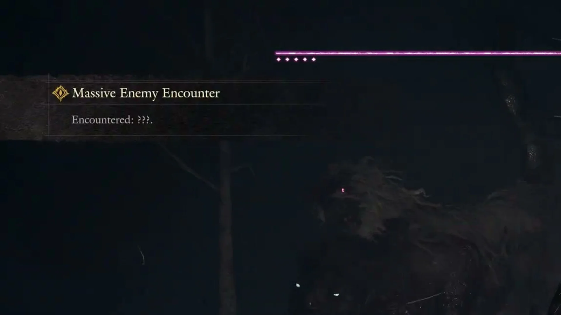 The banner Massive Enemy Encounter with the line Encountered: ??? and a purple health bar with five dots at night