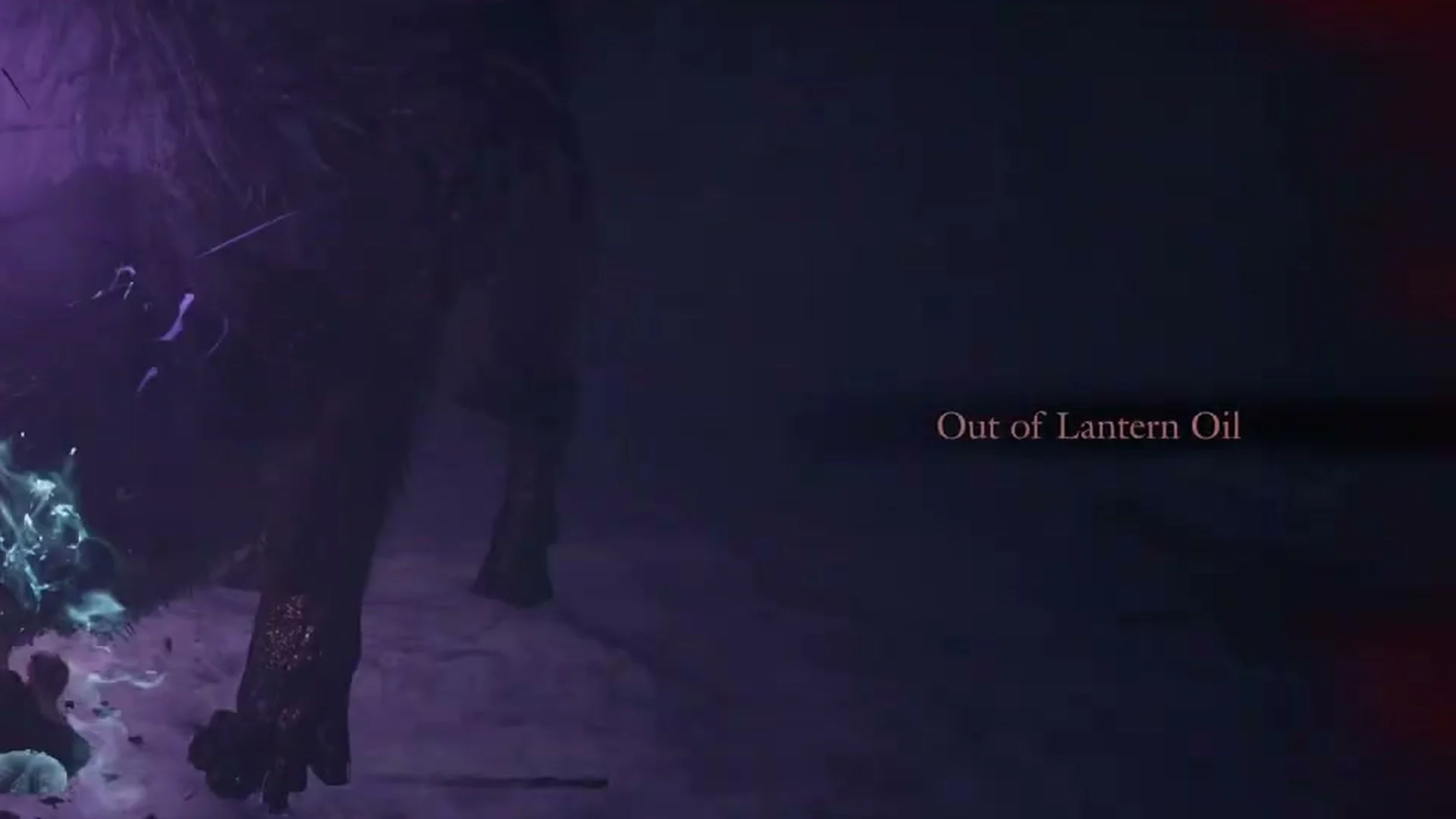 The message Out of Lantern Oil at the right of the screen in a dark cave